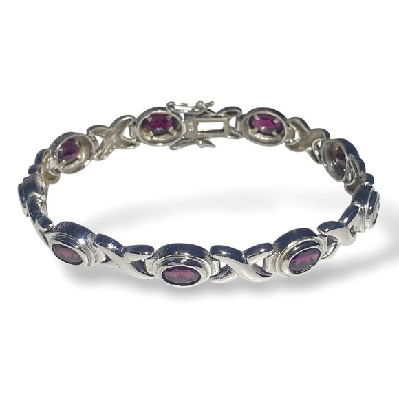 Vintage 925 Sterling Silver Garnet Stone XO Link Bracelet 7" / Fits 6.5" Wrist - Picture 1 of 10